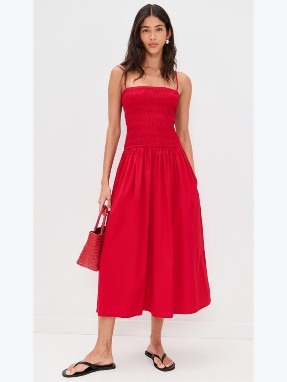 Madewell Red Smocked Poplin Midi Dress S